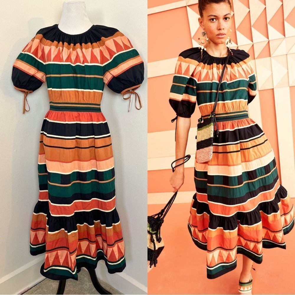 Ulla Johnson Ayta Midi Dress Fluted Striped Cotton Green Orange Pink 6 NWOT